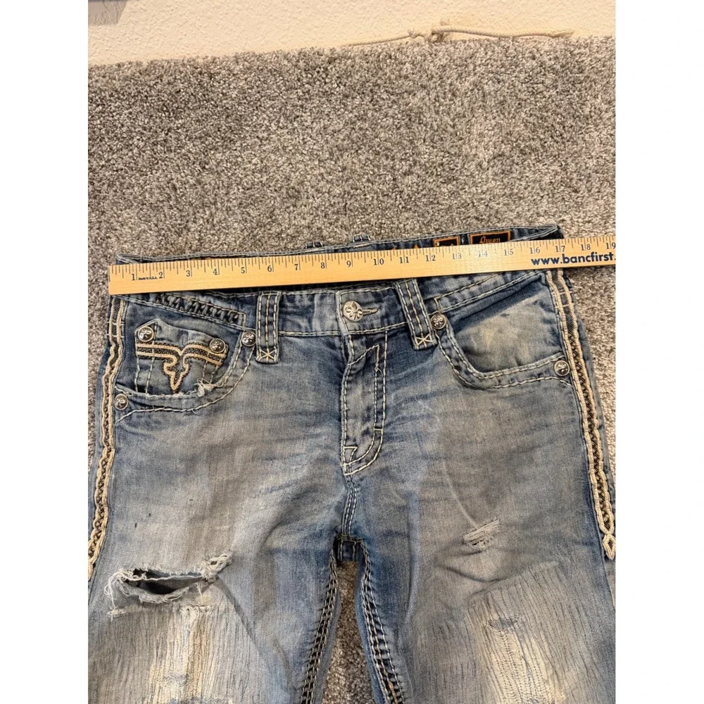 Rock Revival Jeans Men 34 Blue Owen Boot Distressed Ripped Embroidered EP9657BL*